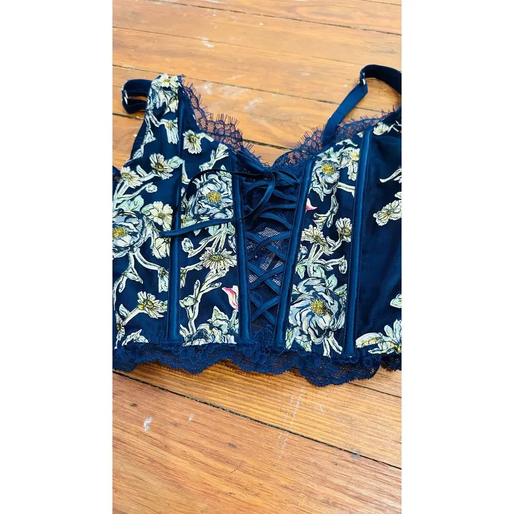 VICTORIA SECRET VS Navy Floral Dream Angel Unlined Lace Up Corset Bra Top sz L